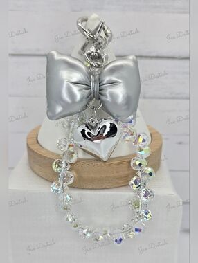 Iridescent Beaded Silver Bow & Heart Phone/Key Lanyard
